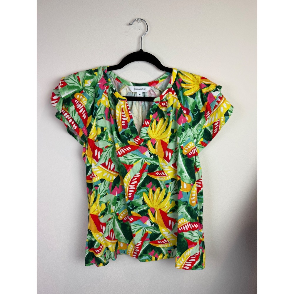 Calligraphie Women Tropical Banana Print Linen Blend Flutter Sleeve Blouse Med